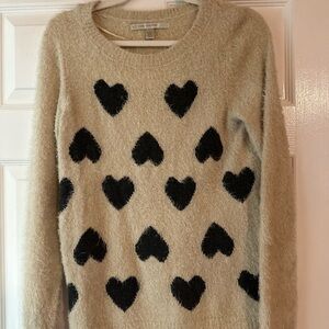 LC Lauren Conrad Cream and Black Heart Pattern Crew Neck Sweater